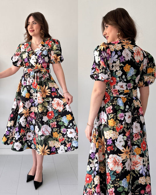 Renny Black floral printed crepe maxi dress for women