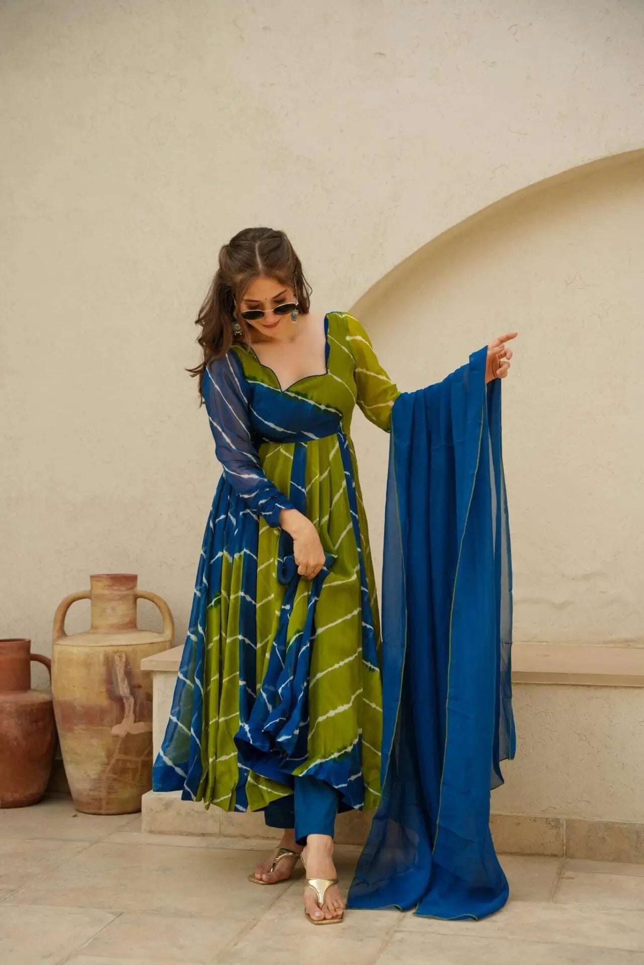 Vishwa blue & green leheriya suit-set for women