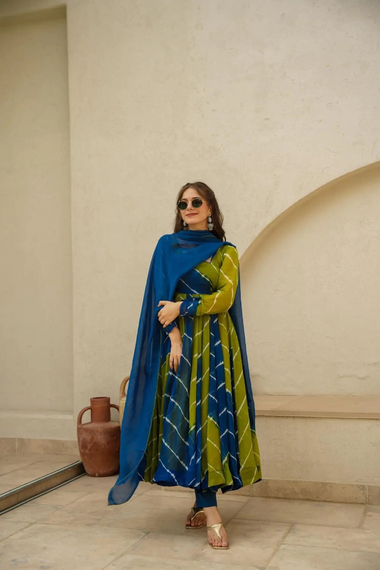 Vishwa blue & green leheriya suit-set for women