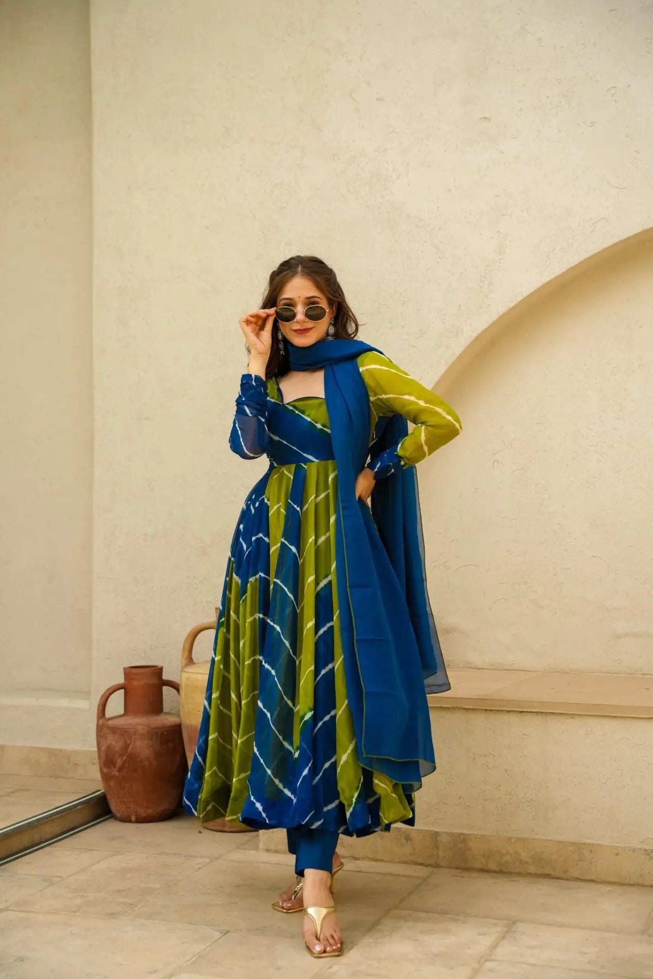 Vishwa blue & green leheriya suit-set for women