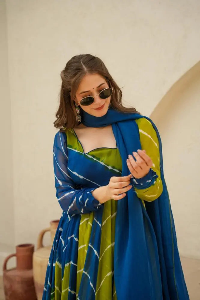 Vishwa blue & green leheriya suit-set for women