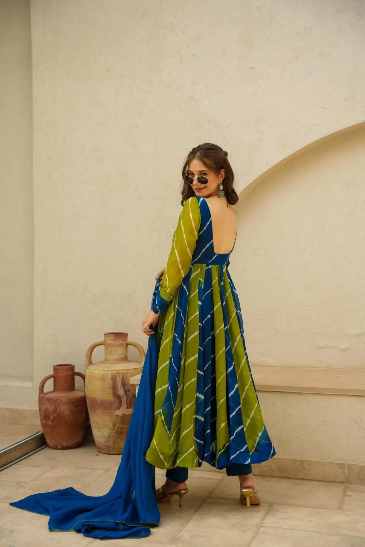 Vishwa blue & green leheriya suit-set for women