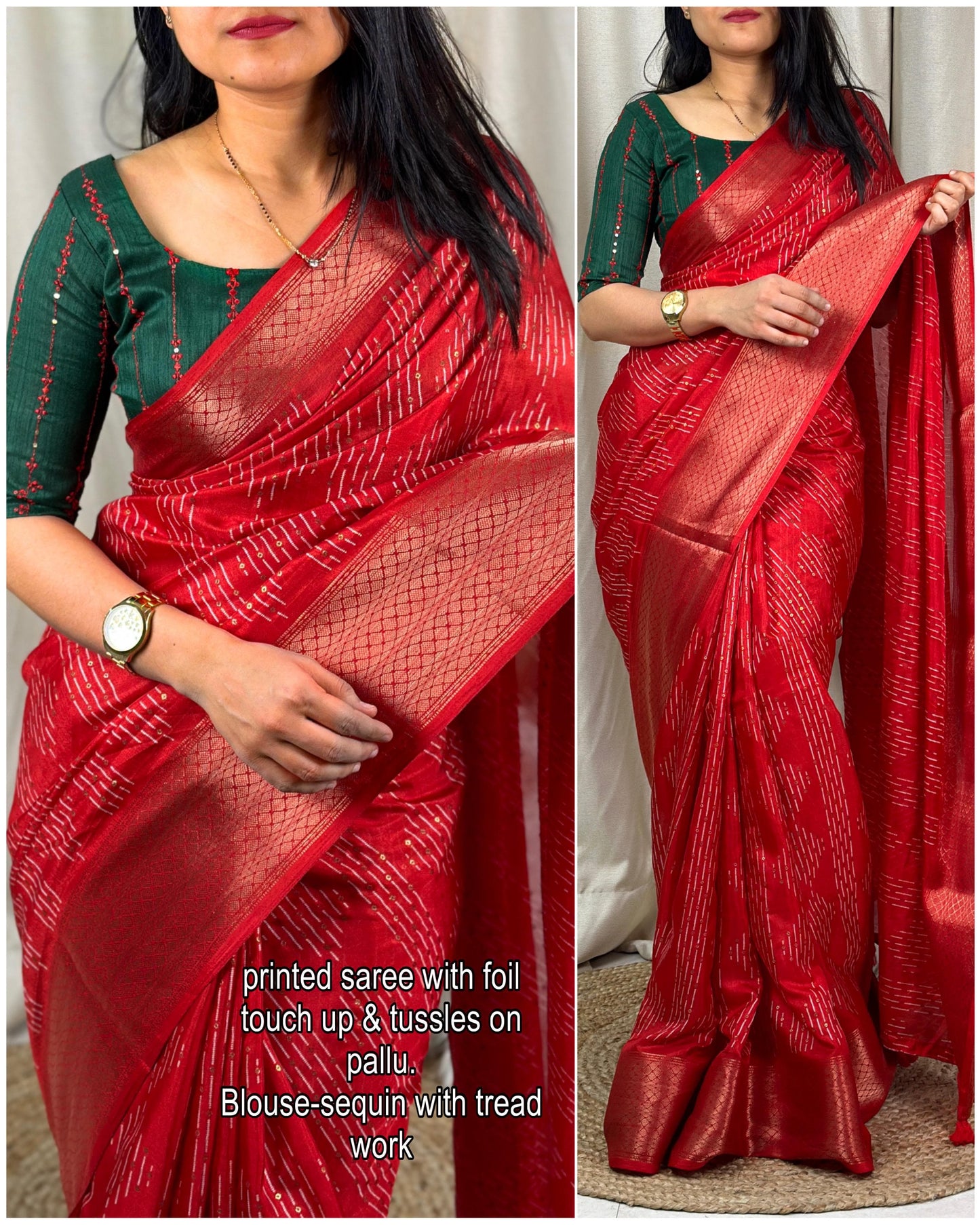 presents perfect printed saree with contrast blouse