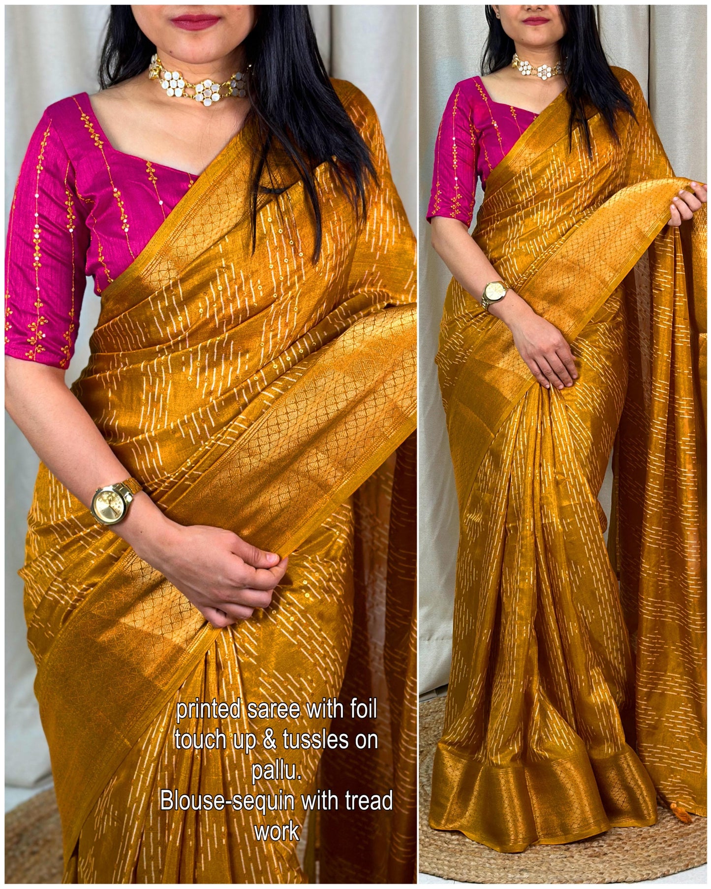 presents perfect printed saree with contrast blouse