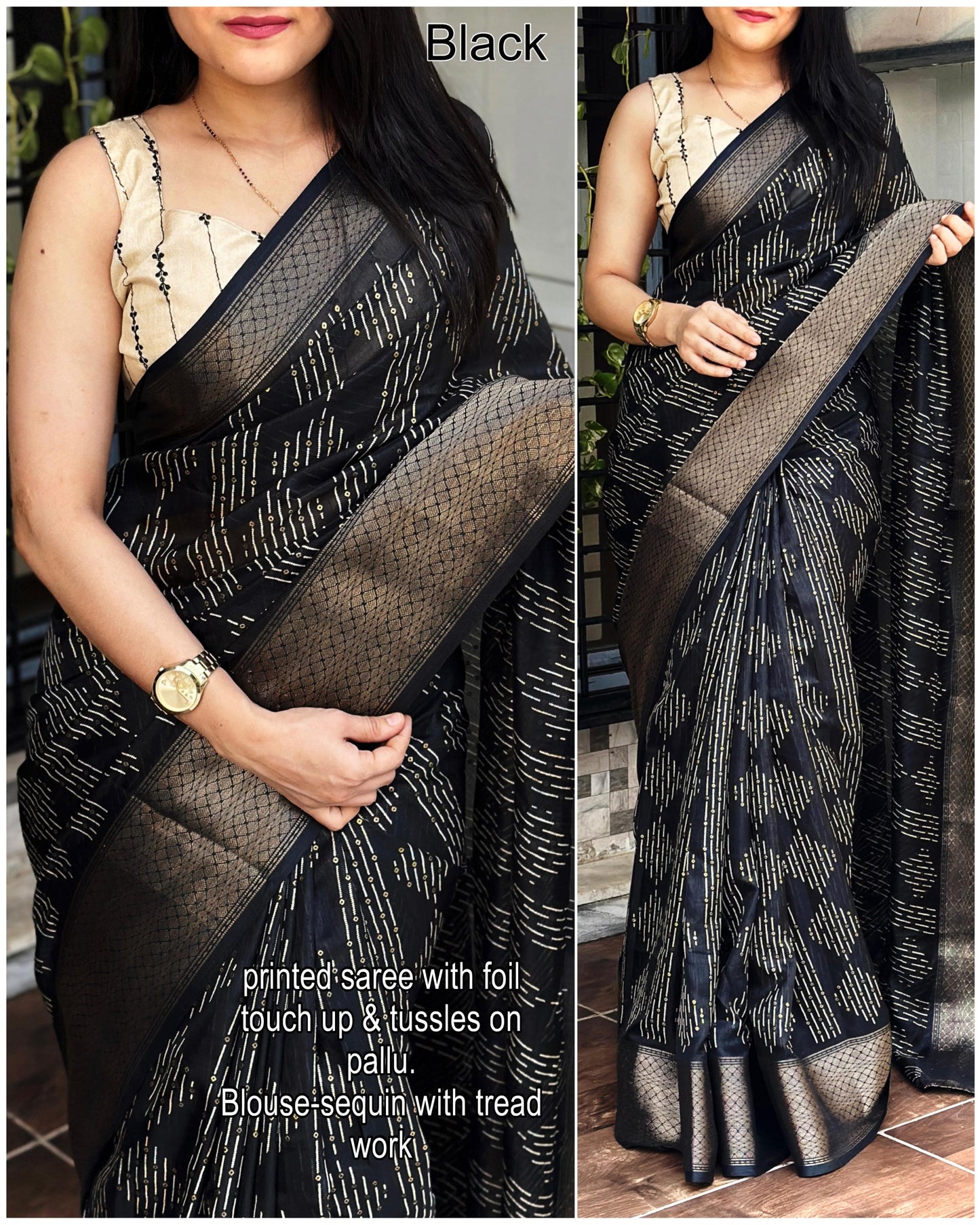 presents perfect printed saree with contrast blouse