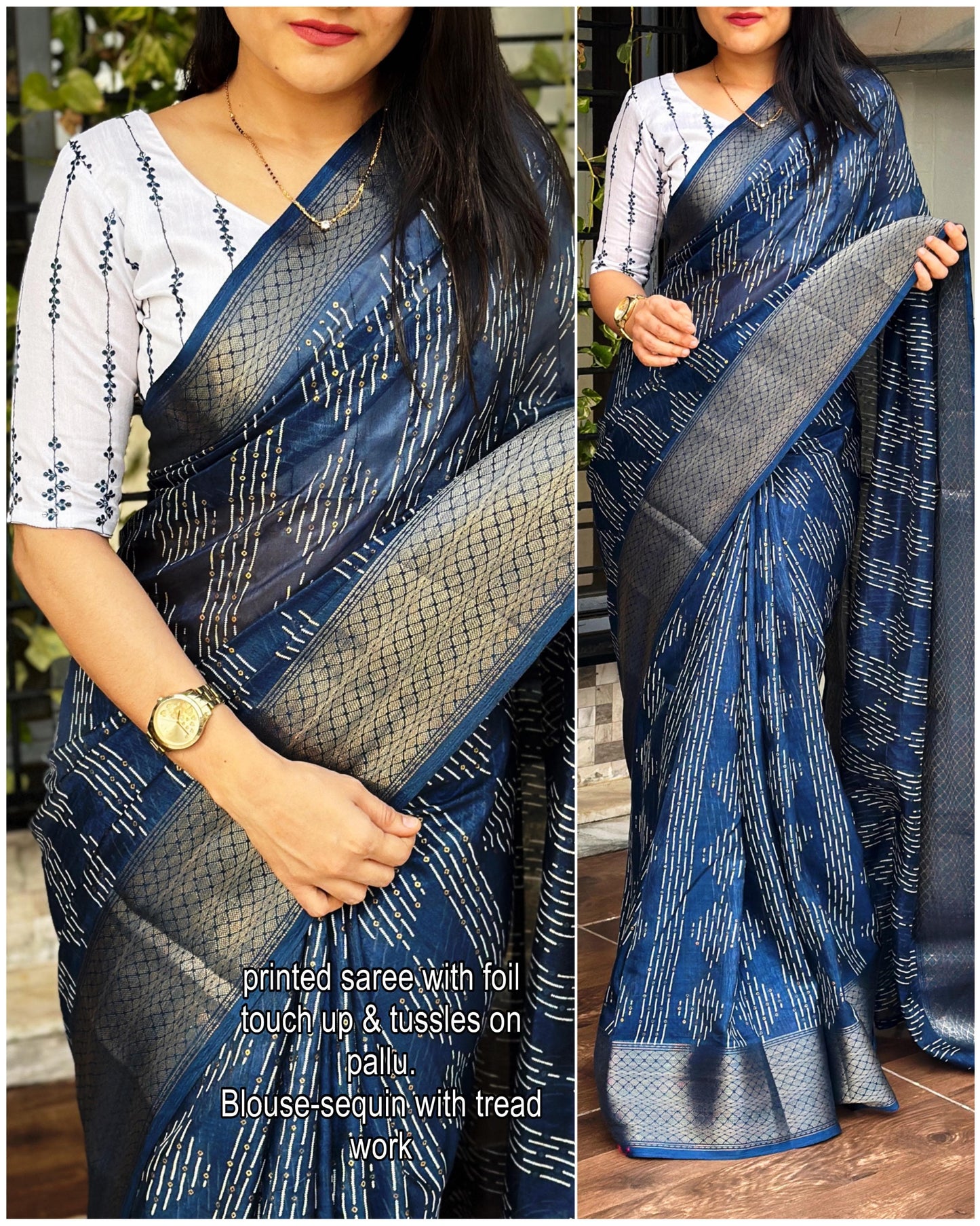 presents perfect printed saree with contrast blouse