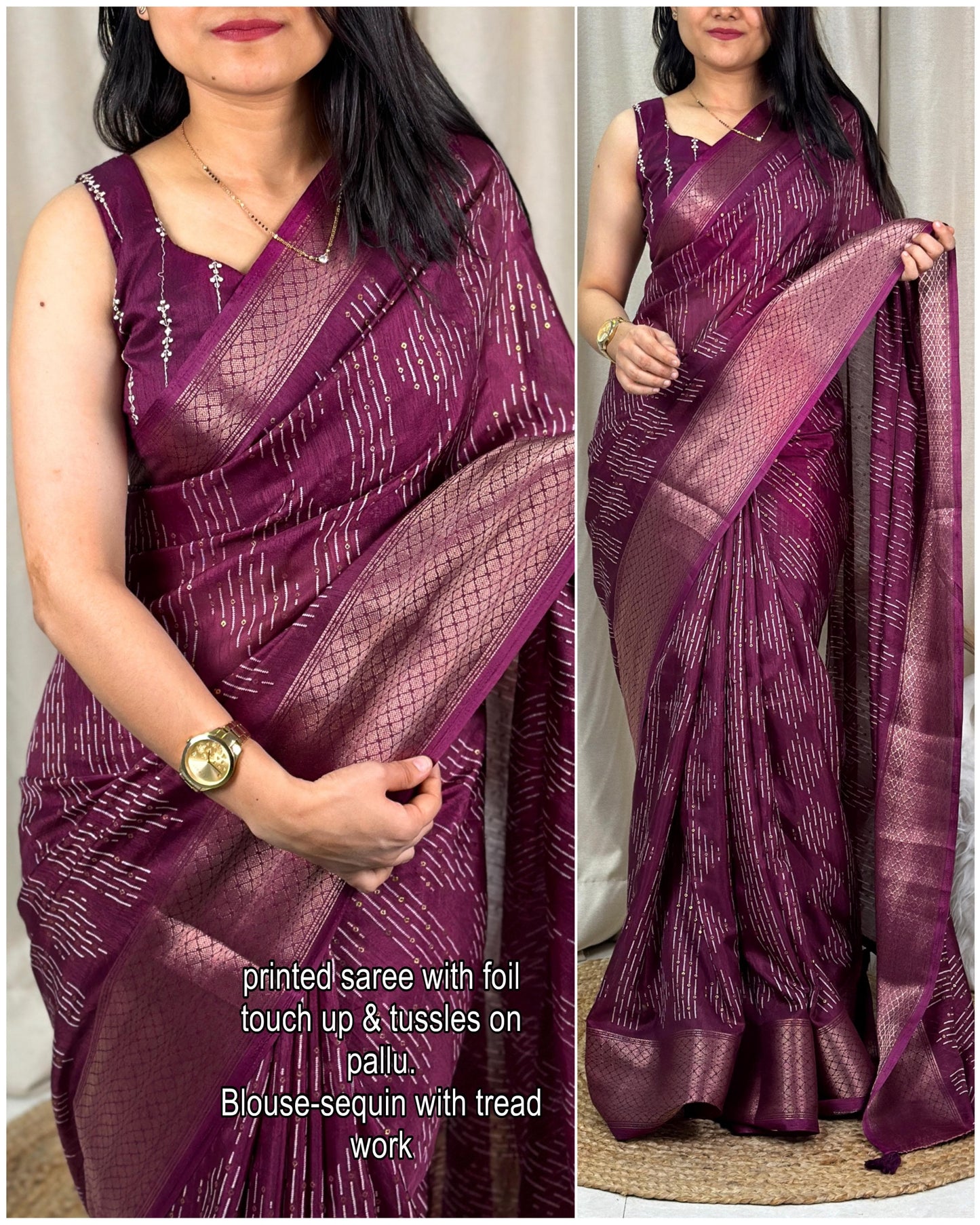 presents perfect printed saree with contrast blouse
