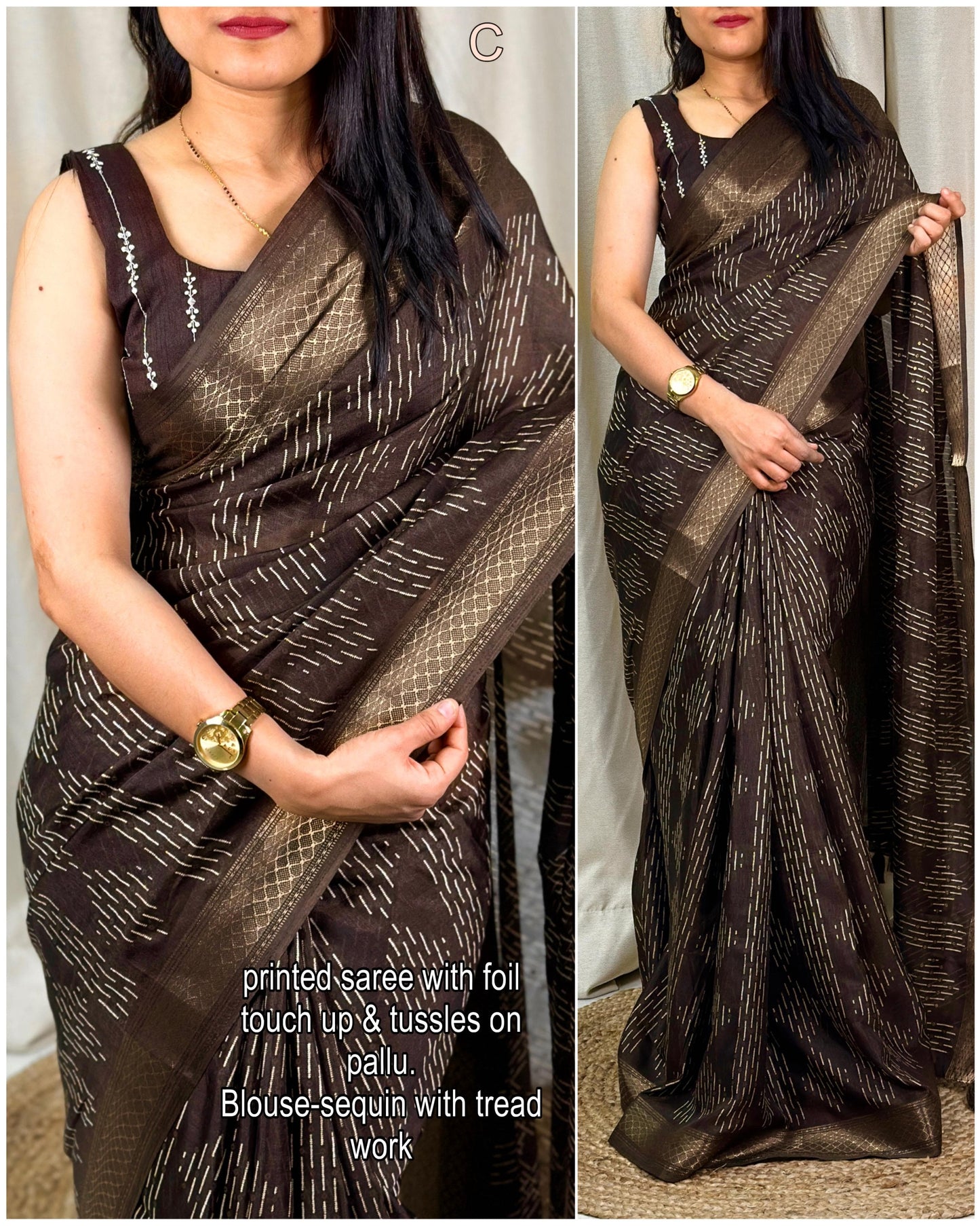 presents perfect printed saree with contrast blouse