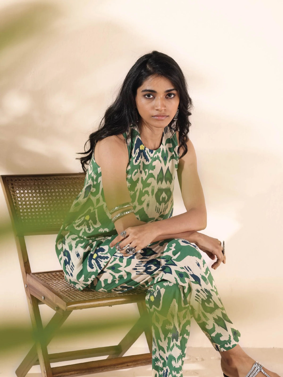 Presents Ikat Floral Printed Sleeveless Co-ord Set with round neckline. Paired with elasticated waist pant.