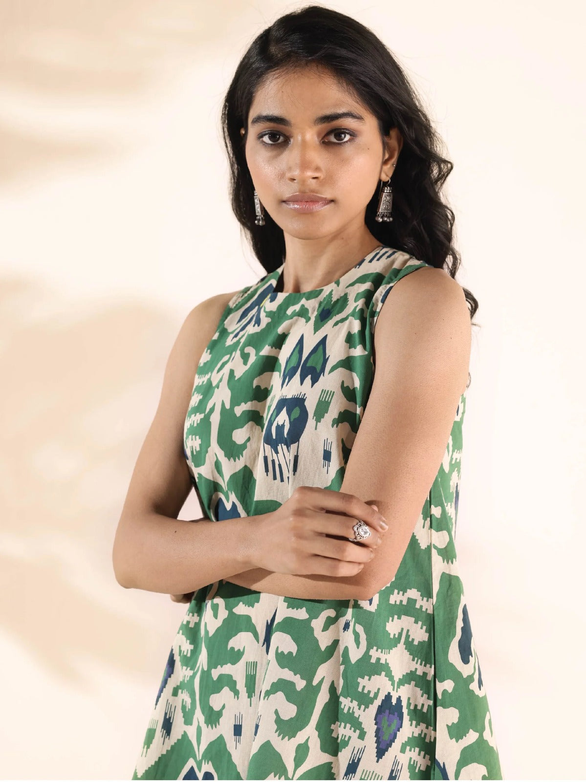Presents Ikat Floral Printed Sleeveless Co-ord Set with round neckline. Paired with elasticated waist pant.