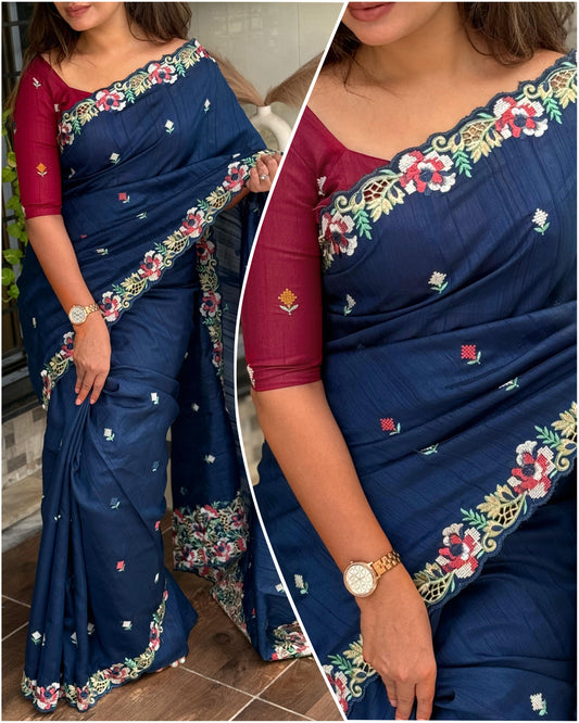 Embrace your femininity & make a statement  with our stunning cut work visca slub silk saree. Narayani