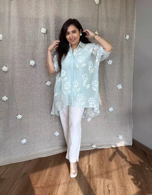 Tina stunning high-low Mul Chanderi Appliqué Top Set
