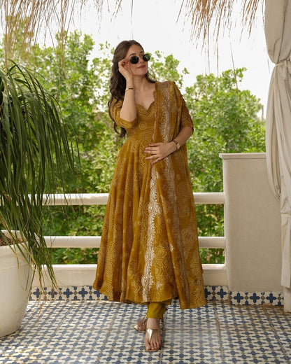 Rihana heavy fancy musturd yellow anarkali dress for women