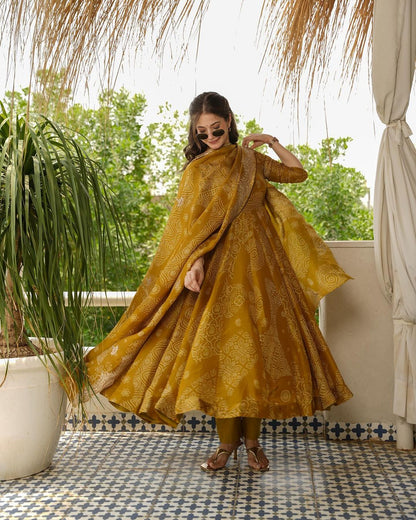 Rihana heavy fancy musturd yellow anarkali dress for women
