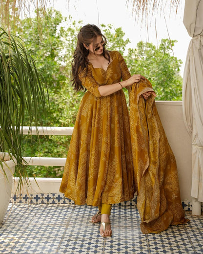 Rihana heavy fancy musturd yellow anarkali dress for women