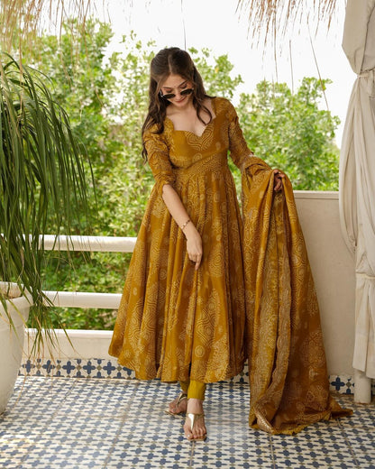 Rihana heavy fancy musturd yellow anarkali dress for women
