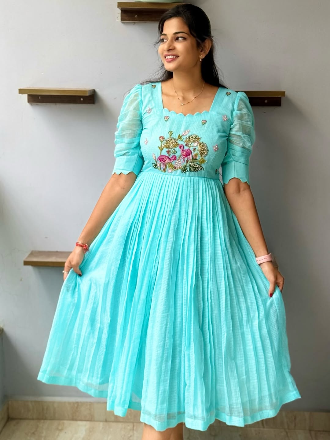 Varsha sea blue kota chex hand-work frock for women.
