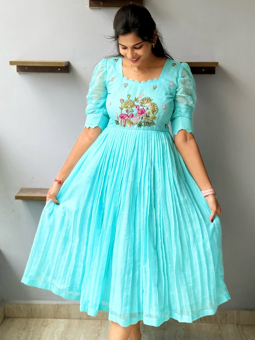 Varsha sea blue kota chex hand-work frock for women.
