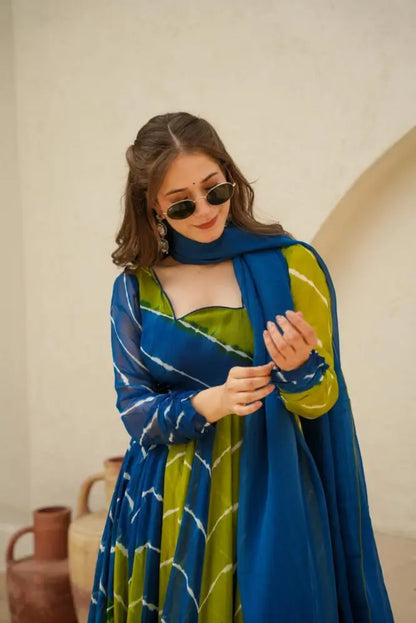 Vishwa blue & green leheriya suit-set for women