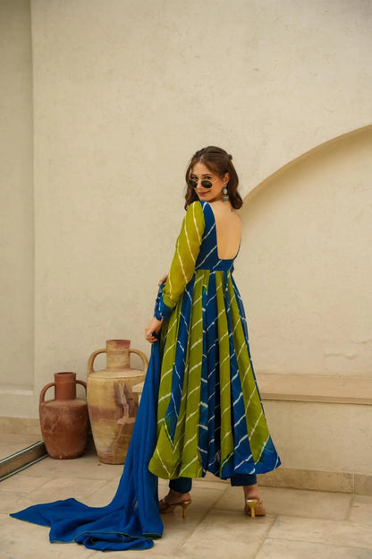 Vishwa blue & green leheriya suit-set for women