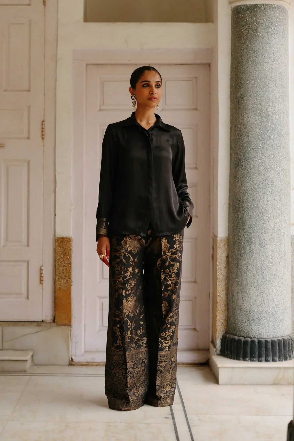 Zoya black satin shirt with black brocade pant