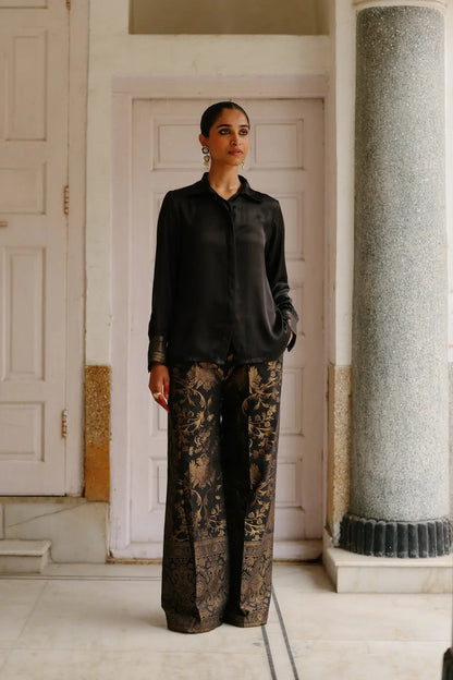 Zoya black satin shirt with black brocade pant