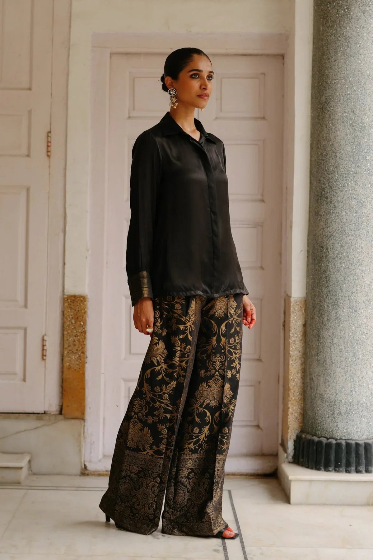 Zoya black satin shirt with black brocade pant