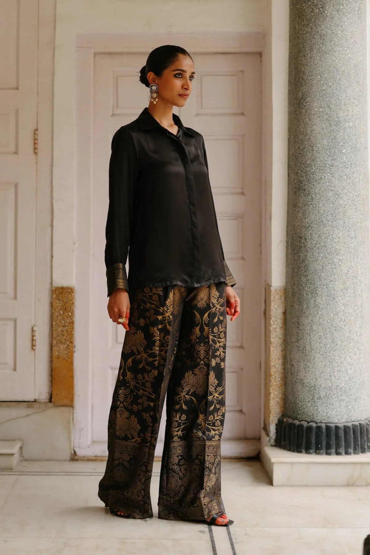 Zoya black satin shirt with black brocade pant