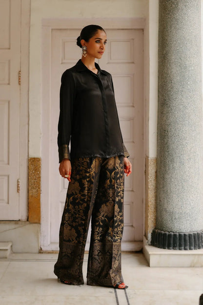 Zoya black satin shirt with black brocade pant