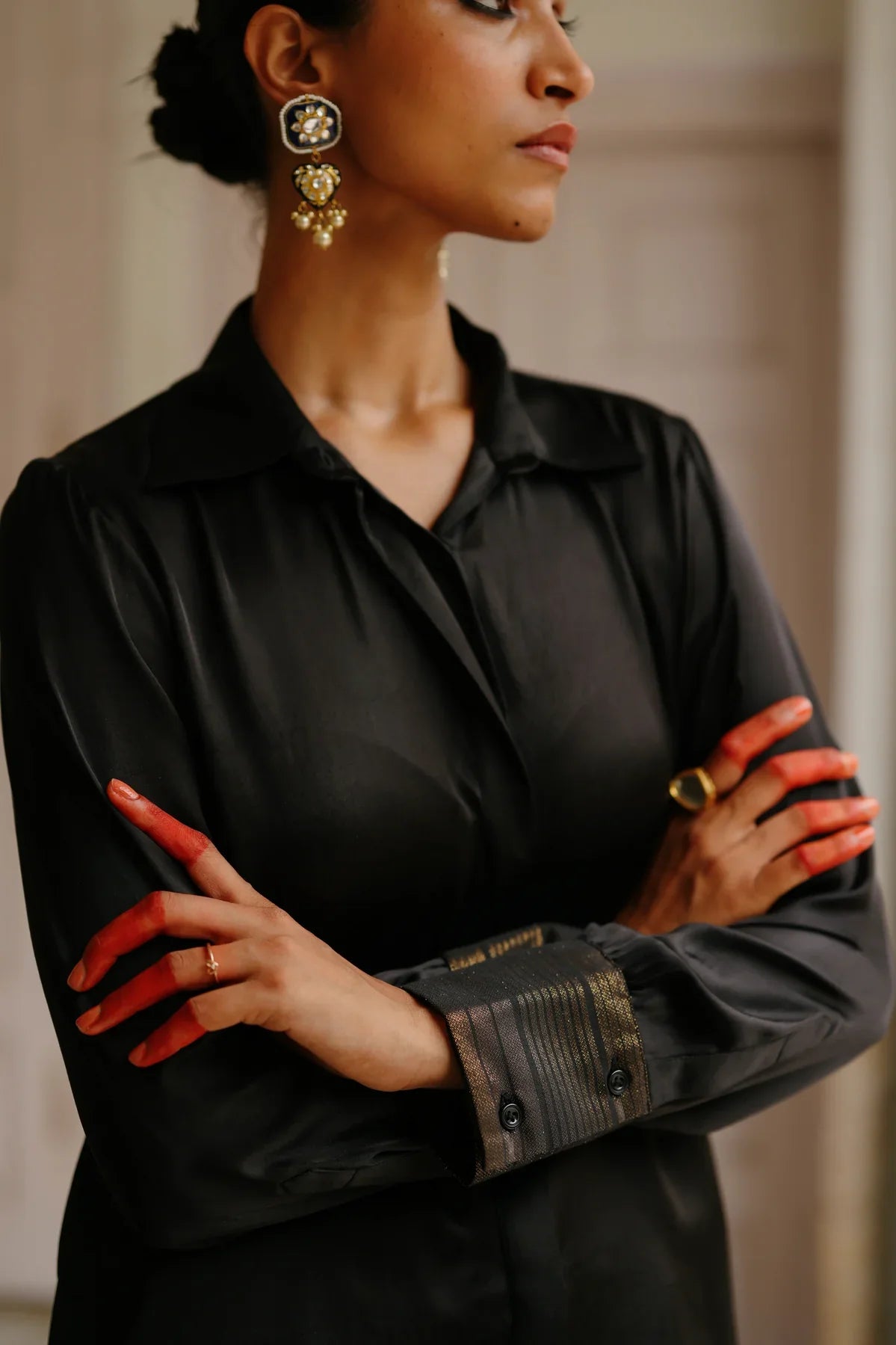 Zoya black satin shirt with black brocade pant