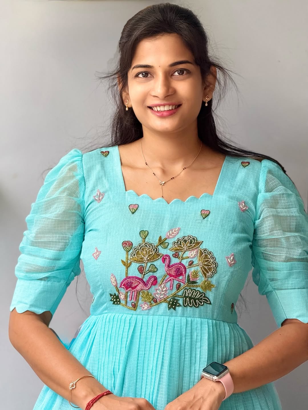 Varsha sea blue kota chex hand-work frock for women.