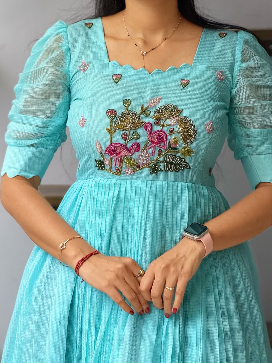 Varsha sea blue kota chex hand-work frock for women.