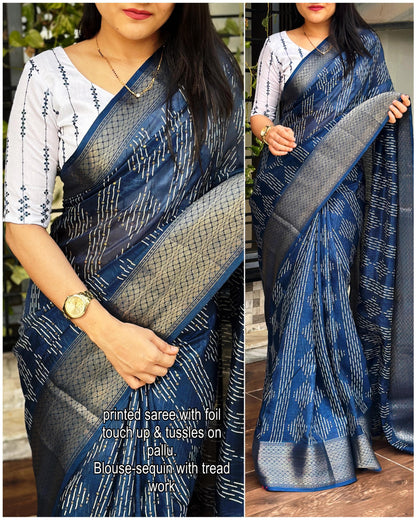 presents perfect printed saree with contrast blouse