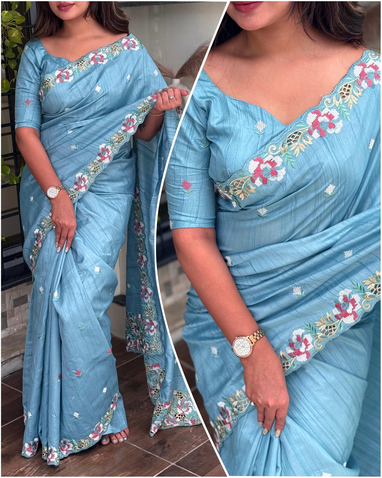 Embrace your femininity & make a statement  with our stunning cut work visca slub silk saree. Narayani