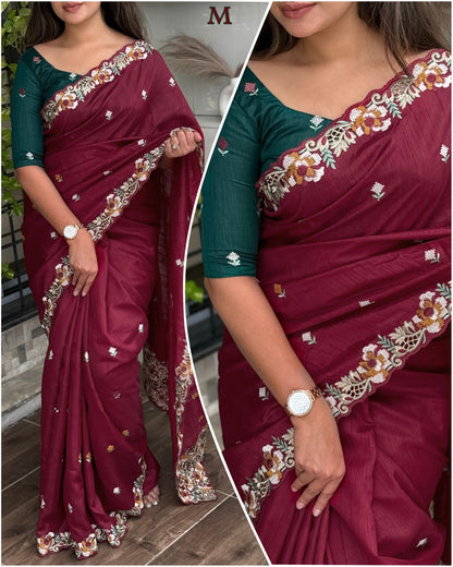 Embrace your femininity & make a statement  with our stunning cut work visca slub silk saree. Narayani