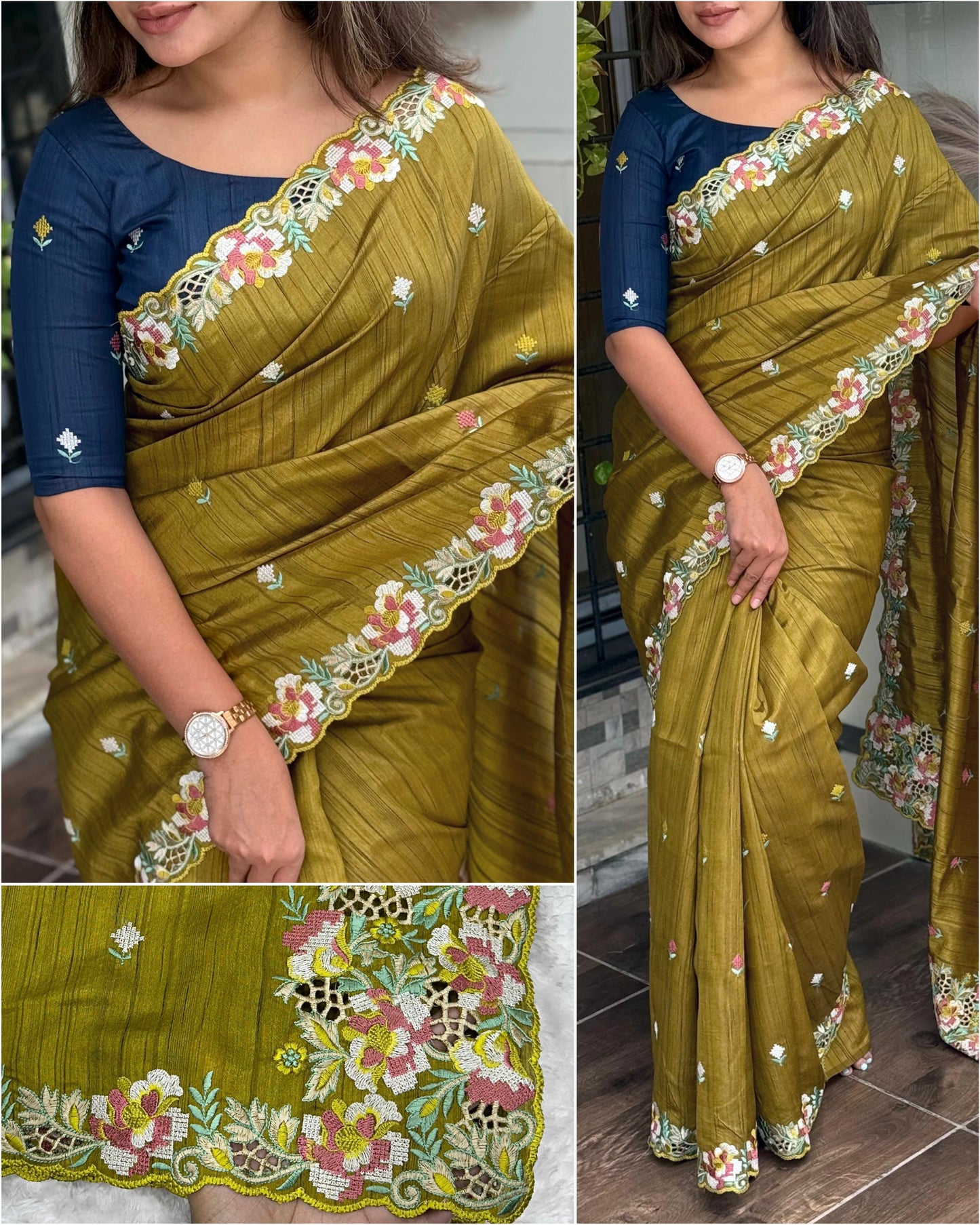 Embrace your femininity & make a statement  with our stunning cut work visca slub silk saree. Narayani