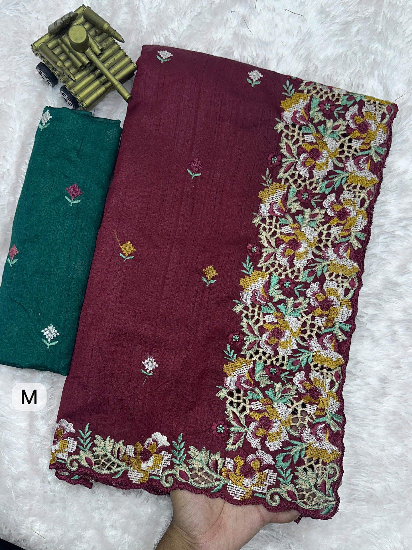 Embrace your femininity & make a statement  with our stunning cut work visca slub silk saree. Narayani