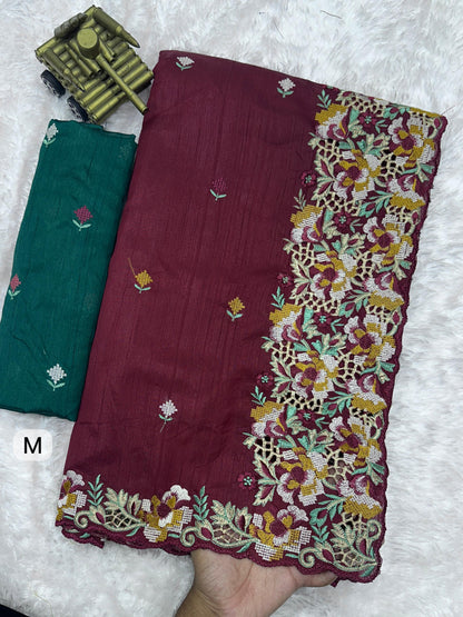 Embrace your femininity & make a statement  with our stunning cut work visca slub silk saree. Narayani