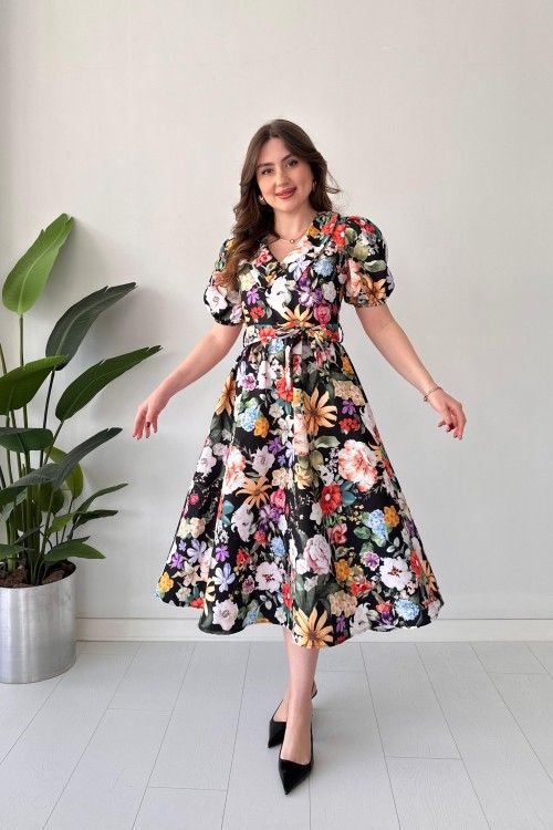 Renny Black floral printed crepe maxi dress for women