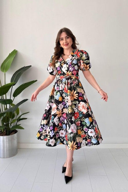Renny Black floral printed crepe maxi dress for women