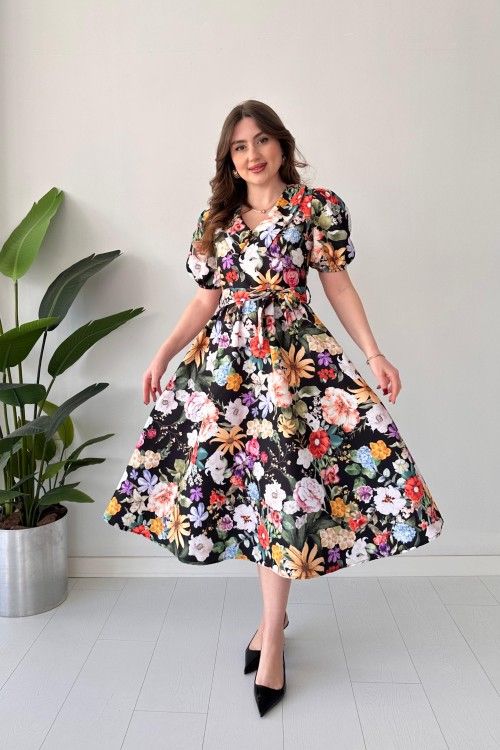 Renny Black floral printed crepe maxi dress for women