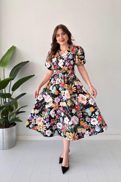 Renny Black floral printed crepe maxi dress for women
