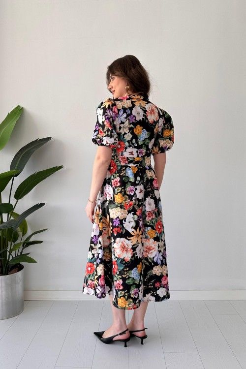Renny Black floral printed crepe maxi dress for women