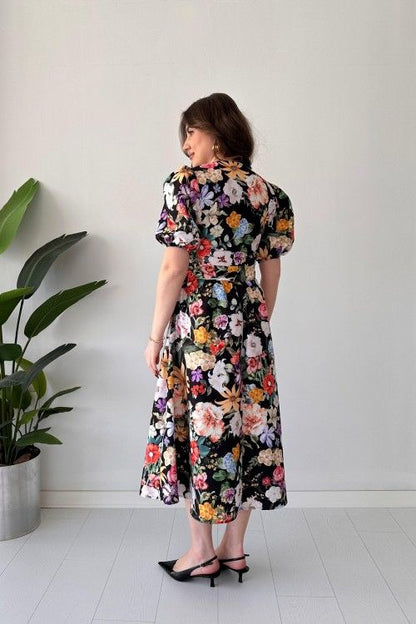 Renny Black floral printed crepe maxi dress for women