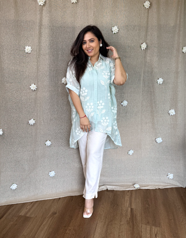 Tina stunning high-low Mul Chanderi Appliqué Top Set