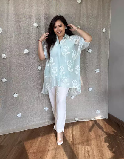 Tina stunning high-low Mul Chanderi Appliqué Top Set