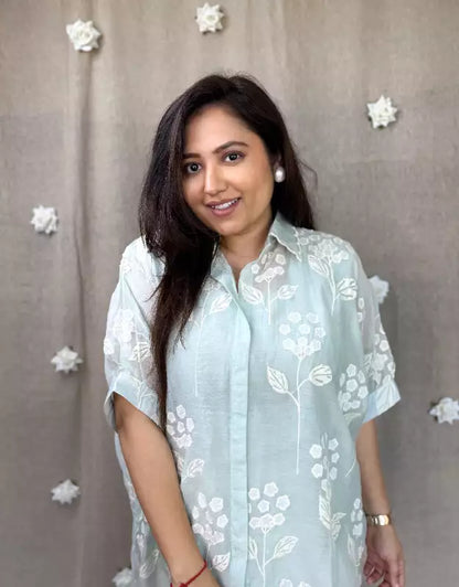 Tina stunning high-low Mul Chanderi Appliqué Top Set